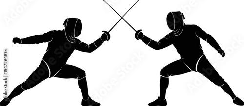 Black silhouette of two professional fencers in protective gear with crossed foils during competition match isolated on white background for sports design and fencing club