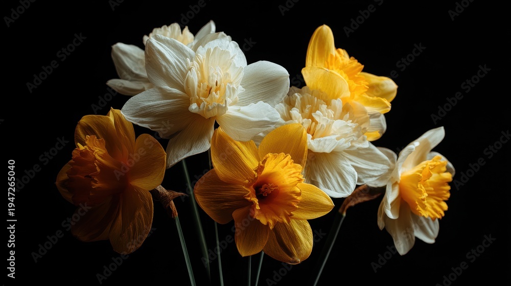 Fototapeta premium Beautiful spring bouquet of white and yellow daffodils against a dark background