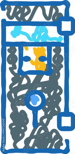 Hand drawn doodle icon of a water filtration system in blue tones, outlining a household purifier, faucet and cartridge to represent clean drinking water and hygiene
