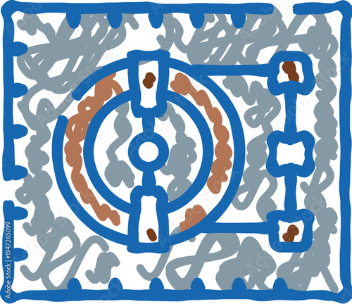 Bank vault door doodle icon representing a robust security system for money protection, financial storage, wealth, and valuable asset safeguarding in a hand drawn illustrative style