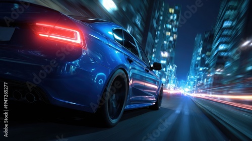 Blue luxury sports car driving fast through a modern city at night