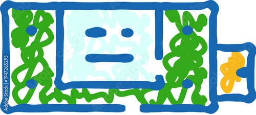 Hand drawing of a stylized bank note featuring a simplified face and decorative green elements, symbolizing financial stability, economic value, and transaction concepts on a white background