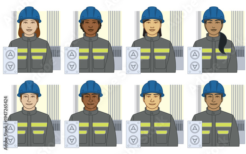 diversity, race, ethnicity of elevator technician vector icons, male and female, wearing hard hat and coveralls, including wiring control system, isolated on a white background