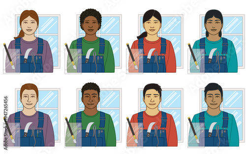 diversity, race, ethnicity of glazier vector icons, male and female, wearing overalls with glass cutting tools, isolated on a white background