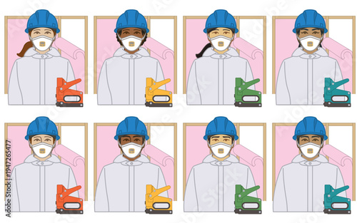 diversity, race, ethnicity of insulation contractor vector icons, male and female, wearing  protective overalls with pink fiberglass insulation and staple gun, isolated on a white background