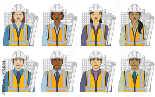 diversity, race, ethnicity of construction manager vector icons, male and female, wearing hard hat and safety vest, including rolled-up blueprint, isolated on a white background