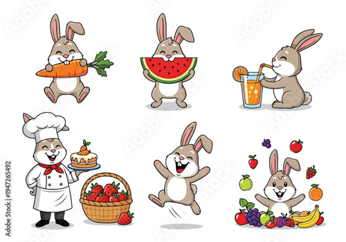 An enchanting array of six cartoon rabbits showcases delightful moments of food enjoyment and playful activity on a bright white background.