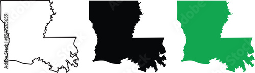 Three Louisiana state maps in outline silhouette and solid green on a white background Keywords