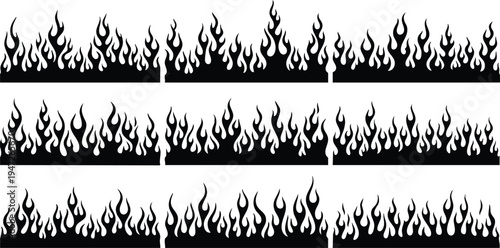 Three rows of black flame border with varying flame shapes and sizes on a white background