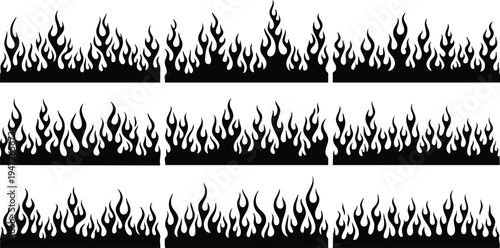 Three rows of black flame border with varying flame shapes and sizes on a white background