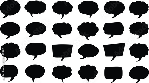 Twenty-four solid black speech and thought bubbles in various shapes on white Keywords: speech