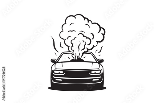 Broken car with smoking engine vector illustration of damaged vehicle front view in comic art style monochrome graphics for automotive repair services mechanical failure transport assistance
