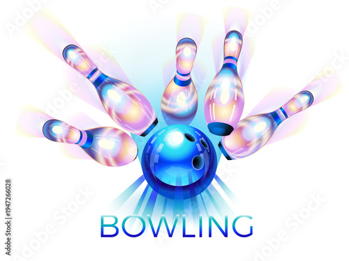 Bowling game with a rainbow effect, hand-drawn vector illustration