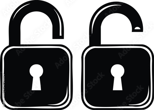 Two black open padlocks with white keyholes on a white background