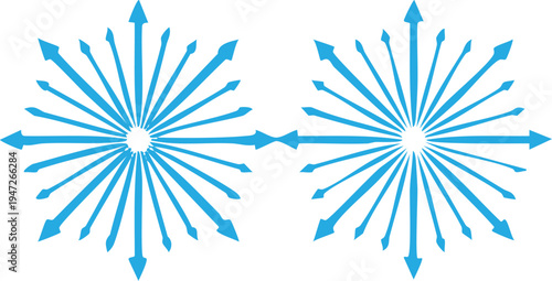 Two Blue Starburst Arrow Facing Each Other on a White Background abstract radial