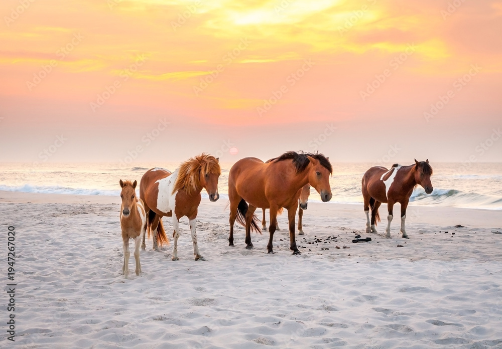 Fototapeta premium Wild ponies on the beach at sunrise at Assateague Island