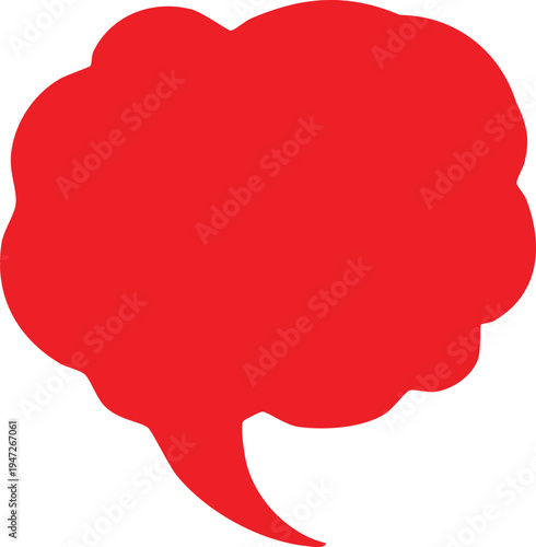 Vibrant red cloud shaped speech bubble with a pointed tail on a white background Keywords: red