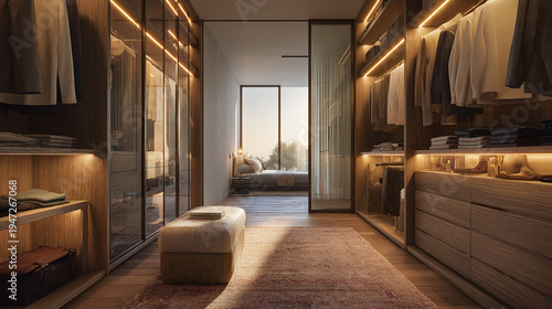 luxury modern walk in closet featuring warm ambient lighting minimalist design floor to ceiling wardrobes led strips plush carpet and an open serene bedroom beyond