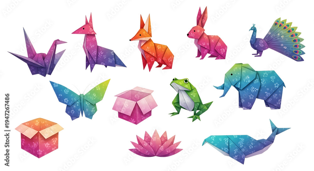 Obraz premium A collection of colorful origami animals and objects on transparent background