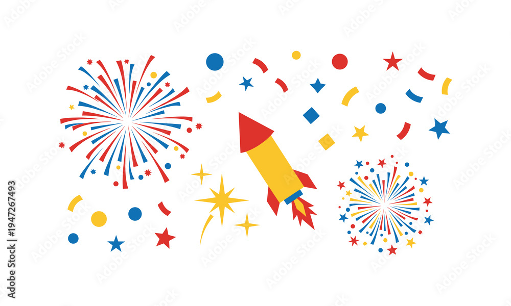 Obraz premium Colorful fireworks and rockets bursting with festive sparkles and stars