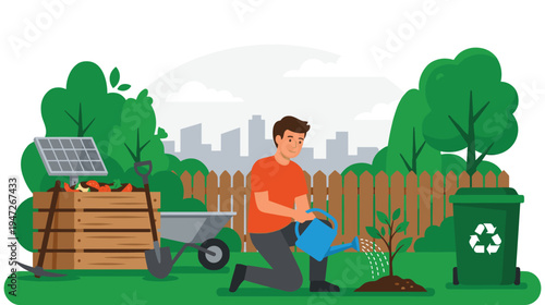 Gardener watering plant near compost bin solar panel and recycling