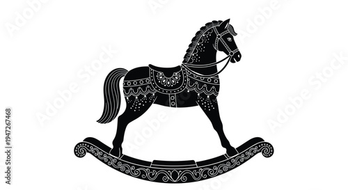 Ornate black silhouette of a classic rocking horse toy with intricate decorative patterns and a sturdy rocking base.