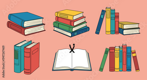 Diverse collection of colorful books in stacks and rows including open and closed positions for various educational themes.
