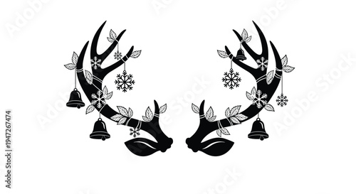 Elegant black silhouette of deer antlers adorned with hanging snowflakes, bells, and delicate leaves for winter themes.