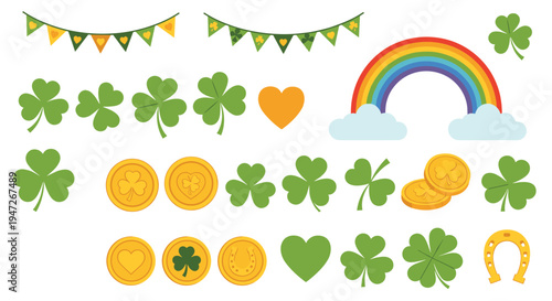 Colorful collection of Saint Patrick's Day themed elements including green shamrocks, gold coins, hearts, and a rainbow.