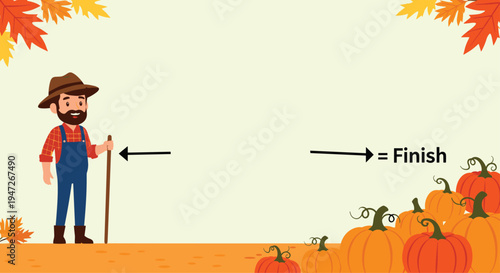 Seasonal autumn illustration of a friendly farmer standing in a field next to a large bounty of harvested pumpkins.