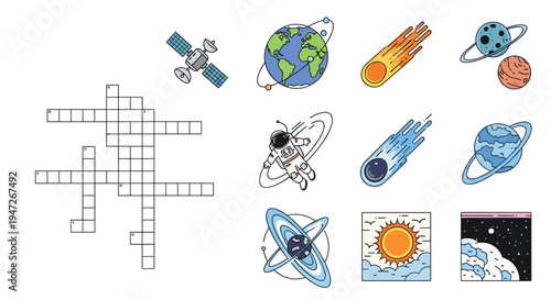 Educational crossword puzzle for children featuring space-themed illustrations like planets, astronauts, and satellites.