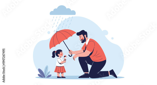 Heartwarming illustration of a caring father holding a red umbrella for his small daughter during a rainy autumn day.