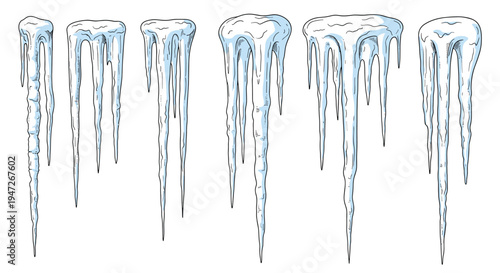 Set of six different natural ice icicle formations in various lengths and shapes for winter themed design graphics.