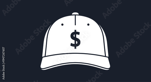 White baseball cap icon with a dollar sign symbol on a dark blue background representing wealth or expensive fashion.