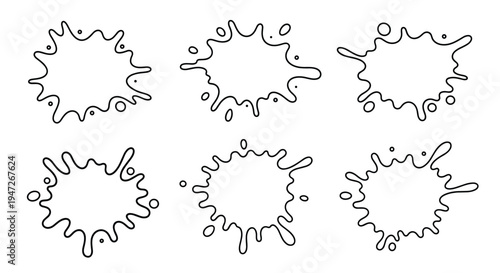 Set of six black outline splats representing ink or paint spills with small droplets for creative design projects.