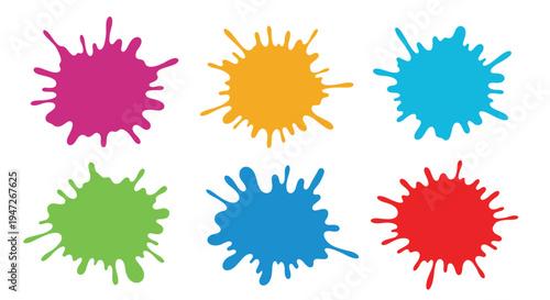 Collection of six colorful paint splats in pink orange blue green and red isolated on a white background for design.