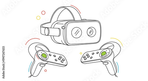 Line art illustration of a virtual reality headset with adjustable straps and two hand-held motion controllers with green buttons and colorful accents.