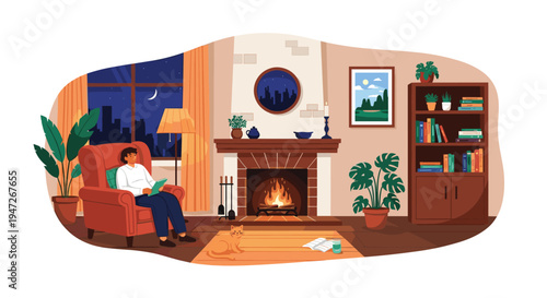 Warm and cozy living room scene at night featuring a person reading in an armchair next to a lit fireplace, a cat, bookshelves, and green plants.