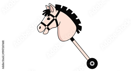 Colorful toy hobby horse featuring a plush beige head with a black mane and bridle attached to a long wooden stick with a small wheel at the end.