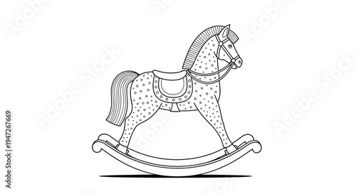 Black and white line art drawing of a classic wooden rocking horse with a spotted body, mane, saddle, and curved runners for a nostalgic look.