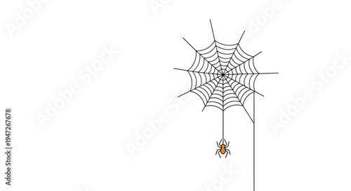 Orange spider hanging from its silk thread beneath a classic circular spider web, positioned on the right side of a minimalist white composition.