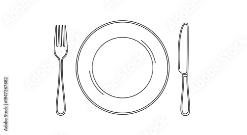 Minimalist line art illustration of a dinner place setting with a round plate in the center flanked by a fork on the left and a knife on the right.