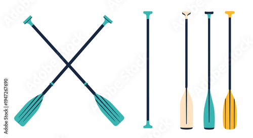 Collection of canoe and kayak paddles in different colors and positions, including two crossed paddles and four individual ones standing vertically.