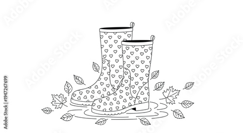 Line art drawing of a pair of rain boots decorated with heart patterns, standing in a small puddle surrounded by scattered autumn maple and birch leaves.