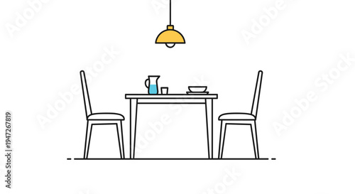 Simple dining area with a wooden table, two chairs, a hanging lamp, and tableware, minimalist home interior and furniture design.