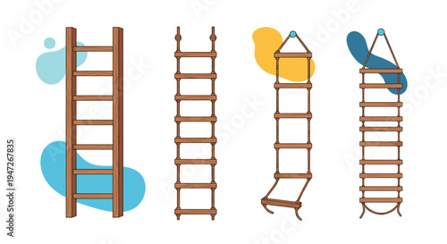 Collection of four different wooden ladders including a rope ladder and step ladders, climbing equipment for construction and home.