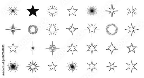 Set of twenty four different hand drawn black and white stars and sparkles, decorative elements for night sky and magical art.