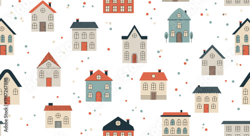 Seamless pattern of colorful small houses with different designs and confetti dots, residential village and neighborhood wallpaper.