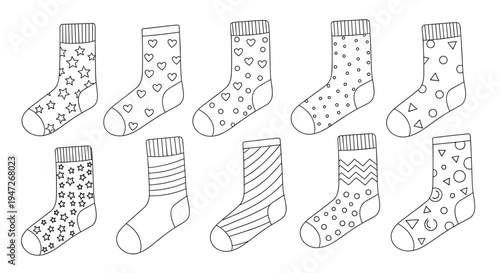 Diverse collection of patterned socks illustrated in a simple black and white line art style suitable for kids coloring books.
