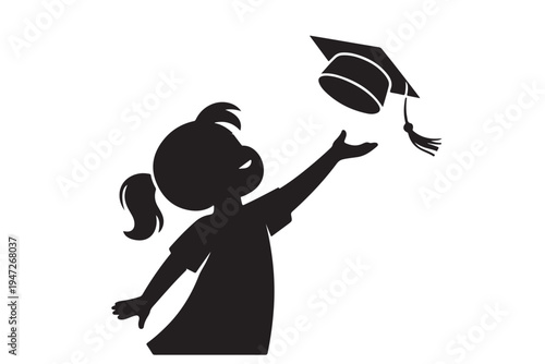 Silhouette of little girl celebrating graduation by throwing academic cap in air with joy and success isolated on transparent background for educational achievement and childhood milestone